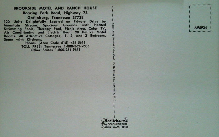 Brookside Lodge (Brookside Motel and Ranch House) - Vintage Postcard Back (newer photo)